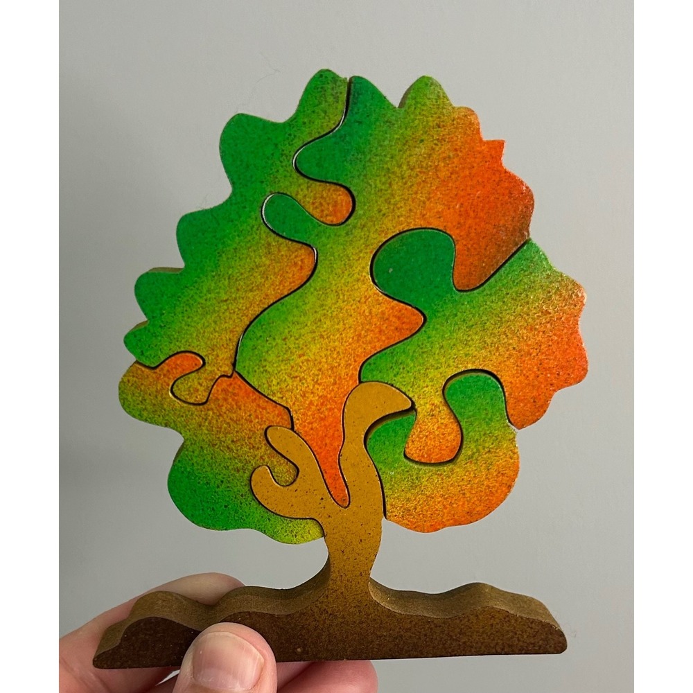 Handmade Wooden Tree Puzzle Cancun Mexico Folk Art 3D Stand Up Sculpture 5 Piece